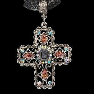 Vintage Filagree Cross with Rhinestones on 13" Black Velvet Cord with Chain 18"